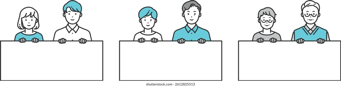 Couples Holding Panels – Simple Generational Set. Couples of all ages holding blank panels in a friendly style. Perfect for messages, ads, or marketing with a focus on age and gender diversity.