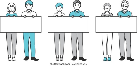 Couples Holding Panels – Simple Generational Set. Couples of all ages holding blank panels in a friendly style. Perfect for messages, ads, or marketing with a focus on age and gender diversity.