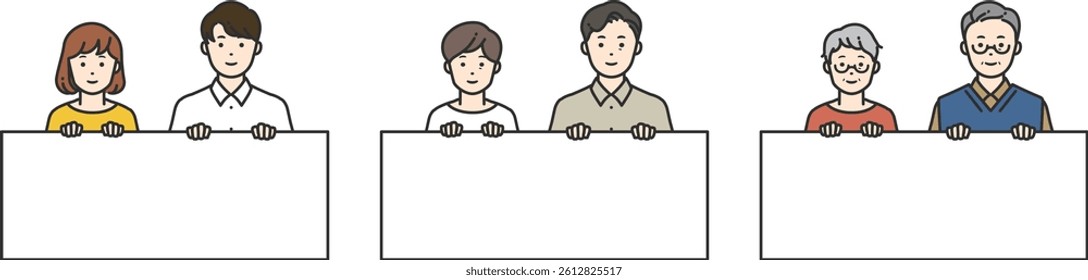 Couples Holding Panels – Simple Generational Set. Couples of all ages holding blank panels in a friendly style. Perfect for messages, ads, or marketing with a focus on age and gender diversity.