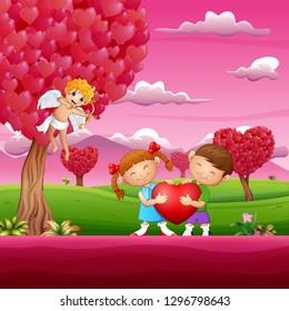 A couples holding red heart shape in the pink garden illustration