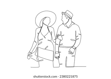 A couple's honeymoon to the beach. Honeymoon one-line drawing