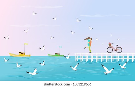 
Couples  hugged on a white bridge that extends into the sea. Have a bike beside With seagulls and Fishing boat as background