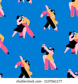 Couples hugging and Dancing. Cartoon characters. Abstract people with small heads in dance movement. Dating, love, relationship, flirting, fun, passion concept. Hand drawn Vector seamless Pattern