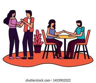 couples hugging and sitting table chairs romantic love flat design vector illustration