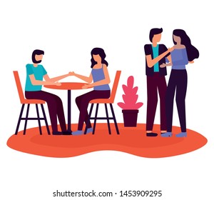 couples hugging and sitting table chairs romantic love flat design vector illustration