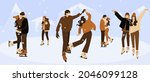 Couples ice scating on ice rink in the middle of mountains vector illustration set. Couple kissing on scates. lovers Dancing in the snow. Girlfriends making winter photo, arms up. Cosy sweaters, coats