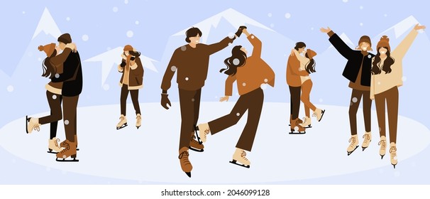 Couples ice scating on ice rink in the middle of mountains vector illustration set. Couple kissing on scates. lovers Dancing in the snow. Girlfriends making winter photo, arms up. Cosy sweaters, coats