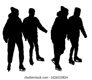 Couples and ice skate. Isolated silhouettes of people on a white background