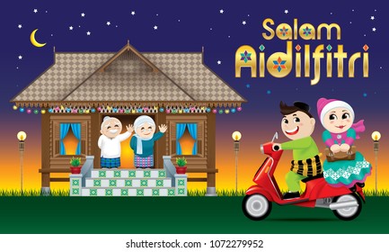 A couples is just arrive their home town, ready to celebrate Raya festival with their parents. With village evening's scene. The golden words "Salam Aidilfitri" means happy Hari Raya.
