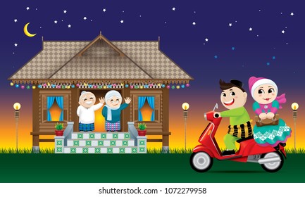 A couples is just arrive their home town, ready to celebrate Raya festival with their parents.  With village evening's scene.  