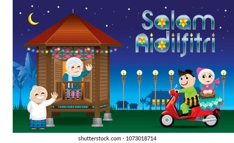 A couples is just arrive their home town, ready to celebrate Raya festival with their parents. With village night's scene. The words "Salam Aidilfitri" means happy Hari Raya. 