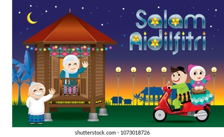 A couples is just arrive their home town, ready to celebrate Raya festival with their parents. With village evening's scene. The words "Salam Aidilfitri" means happy Hari Raya.