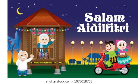 A couples is just arrive their home town, ready to celebrate Raya festival with their parents. With village evening's scene. The words "Salam Aidilfitri" means happy Hari Raya.