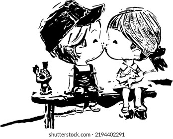 Couples Kiss While Sitting And Holding A Toy With A Dog