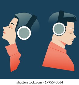 Couples listening on headphones potrait. Suitable use for web banner, web social media, avatar, print material and much more. Flat style isolated vector.
