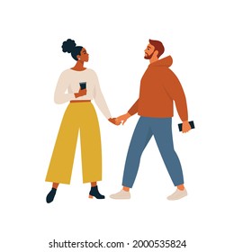 Couples in love. Adorable couple walk together holding hands, romantic date and man vector illustration. Woman and man happy, adorable couple characters