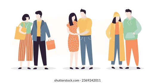 Couples in love. Adorable couples standing together holding hands, hugs. romantic date. Set of happy woman and man, cute love couple, male and female characters. cartoon flat vector illustration