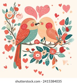 Couples' Love Birds on a Floral Branch, Romantic moment, Valentine's Day gift