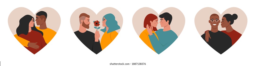 Couples in love collection. Isolated illustrations of young people having a romantic relationship. Cute male and female characters in heart shapes. Flat vector set for Valentine’s day