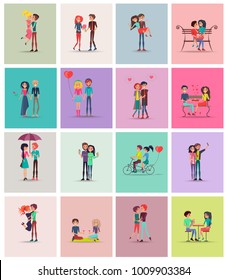 Couples in love, collection of posters, people sitting on bench, drinking wine and eating ice-cream, riding bicycle together vector illustration