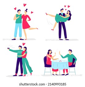 Couples in love, dinner and datting, happy people. Happiness celebrate and relationship romantic love dinner, vector illustraton