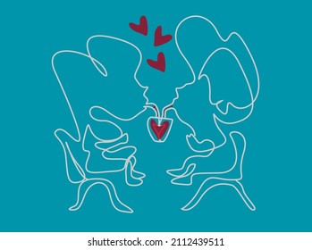 Parejas enamoradas bebiendo del mismo vaso en una cafetería. diseño de concepto de pareja de amor de día de valentine