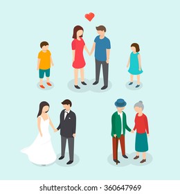 Couples love, Family, People wedding, Children. 3d isometric vector