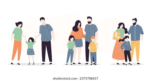 Couples in love. Family portrait, parents and children standing together, hugs. Set of happy father, mother and kids. Parenthood, childhood. Male and female characters. flat vector illustration