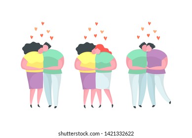 Couples in love flat vector characters set. Boyfriends and girlfriends dating illustrations set. Lesbian and gay couples hugging, kissing isolated clipart pack. Girls, boys lovers on romantic date. 