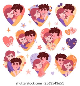 Couples in love with floating hearts, stars and flowers around. Cartoon style lovely boyfriend and girlfriend characters gently embrace. Valentines day heart shape stickers set. Vector illustration.