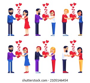 Couples in love give each other hearts. Men and women on valentine day. Vector cartoon illustration.