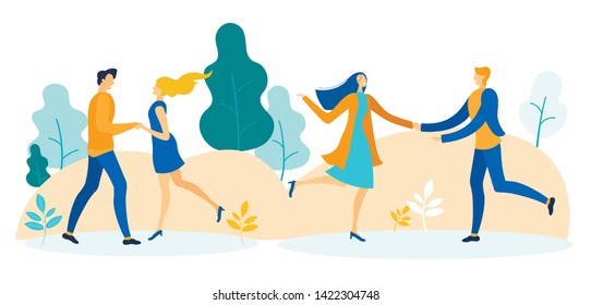 Couples in Love Having Romantic Date in City Park Cartoon. Flat Happy Men and Women Characters in Pairs Walk Holding Hands. Sweet Life Moment. First Meeting. Creation Relationship. Vector Illustration