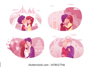 Couples in love kissing vector illustrations set. Senior wife and husband, teenagers on romantic date. Boyfriend and girlfriend celebrating anniversary