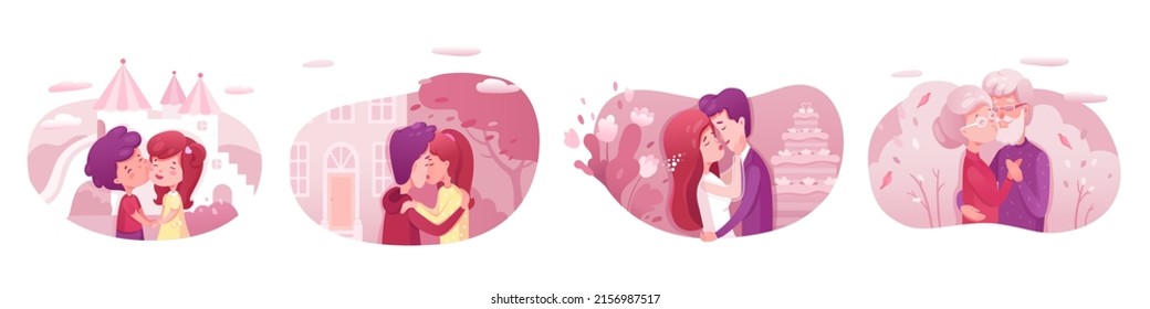 Couples in love kissing vector illustrations set. Senior wife and husband, teenagers on romantic date. Boyfriend and girlfriend celebrating anniversary.