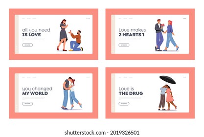 Couples in Love Landing Page Template Set. Loving Man and Woman Kiss under Umbrella, Girl Getting Bouquet, Proposal, Boyfriend Playing Guitar, Carry Girl on Hands. Cartoon People Vector Illustration