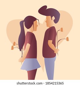 Couples are in love. Men and women are full of affection and hold flowers to give to each other. Characters for Saint Valentine's party. Vector illustration in cartoon style