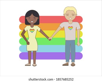 Couples in love on a rainbow background. Theme of the LGBT movement. Vector image in eps format.