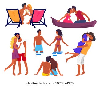 Couples in love on summer holidays that hold hands, kiss and hug each other, sit in recliner, couple stand in water and swim on canoe vector illustrations.