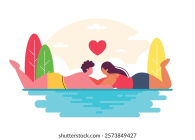 Couples in love on summer holidays. Lovers swim in the ocean. Vector illustration