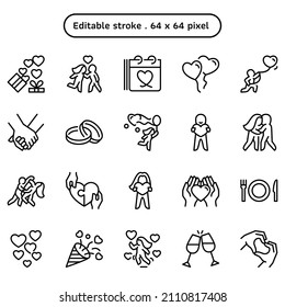 Couples' love outline or line vector icon set. A collection such as a girl jump, dancing, celebrate, meal, holding hand, party, calendar, and embrace.  Editable stroke 64x64 pixels.
