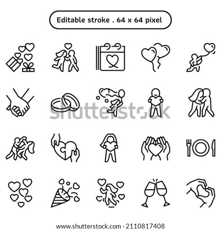 Couples' love outline or line vector icon set. A collection such as a girl jump, dancing, celebrate, meal, holding hand, party, calendar, and embrace.  Editable stroke 64x64 pixels.

