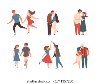 Paare verliebt. Paar romantischer Partner auf dem Laufenden. Set von fröhlichem Freund und Freundin. Vector Illustration von Frau und Mann in der Liebe.