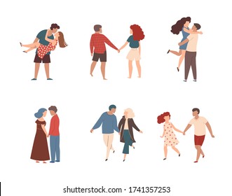Couples in love. Pair of romantic partners on date. Set of happy boyfriend and girlfriend. Vector illustration of woman and man in love walks in nature.