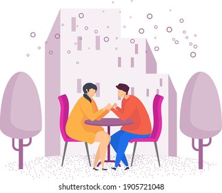 Couples in love. Romantic meeting on the street. Date on the bench. Romantic dinner. Valentine day.