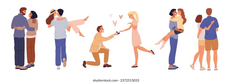 Couples in love. Romantic relationships. Wedding propose. Happy people embrace. Lovers and sweethearts. Cartoon men and women hugging. Girlfriend and boyfriend dating