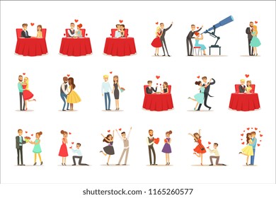 Couples In Love Romantic St. Valentine s Day Date, Lovers And Romance Set Of Vector Illustrations