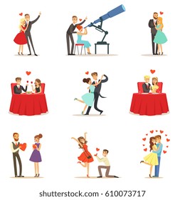 Couples In Love Romantic St. Valentine s Day Date, Lovers And Romance Collection Of Vector Illustrations