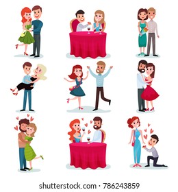 Couples in love set, happy lovers on date, at romantic dinner, hugging and dancing cartoon vector Illustrations