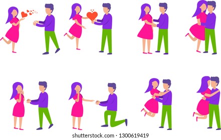 Couples in love set. Happy moments. Romantic surprise. Hugging men and women, Guy with the ring makes a proposal to the girl. Vector illustration in flat style isolated on white background