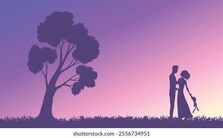 Couples in love silhouette. Man and woman of different poses standing together. Romantic black silhouette of loving pair boy and girl under big tree. Vector illustration